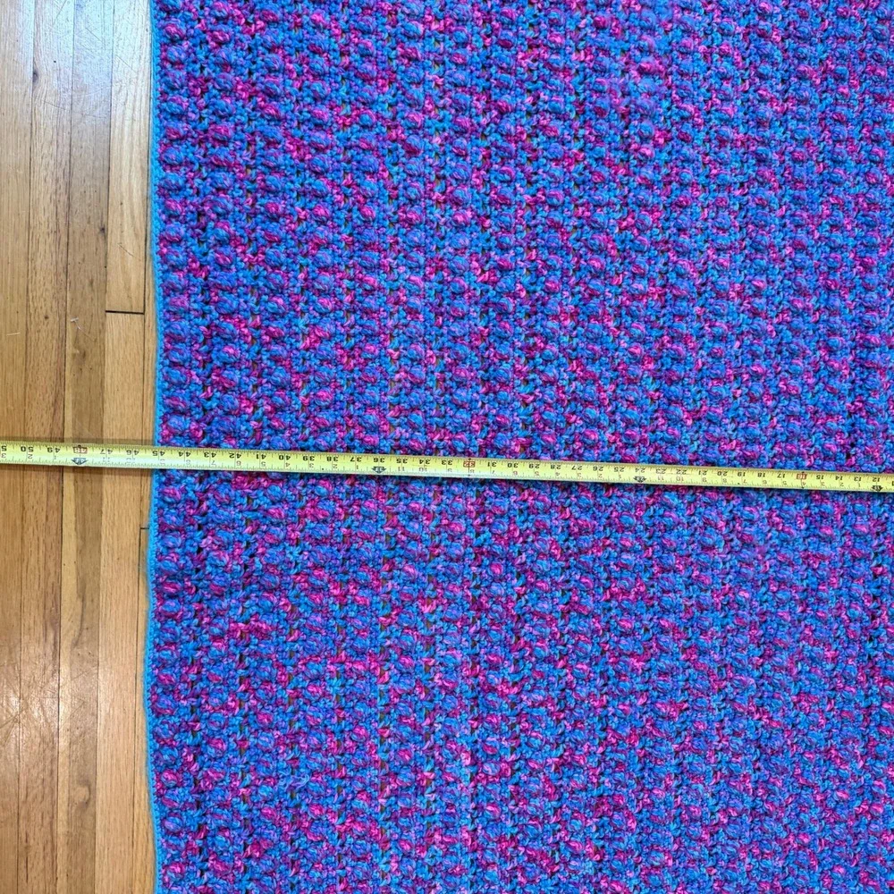 Unbranded Blanket Unisex OS Crochet Popcorn Stitch Blue Pink Fringed EUC